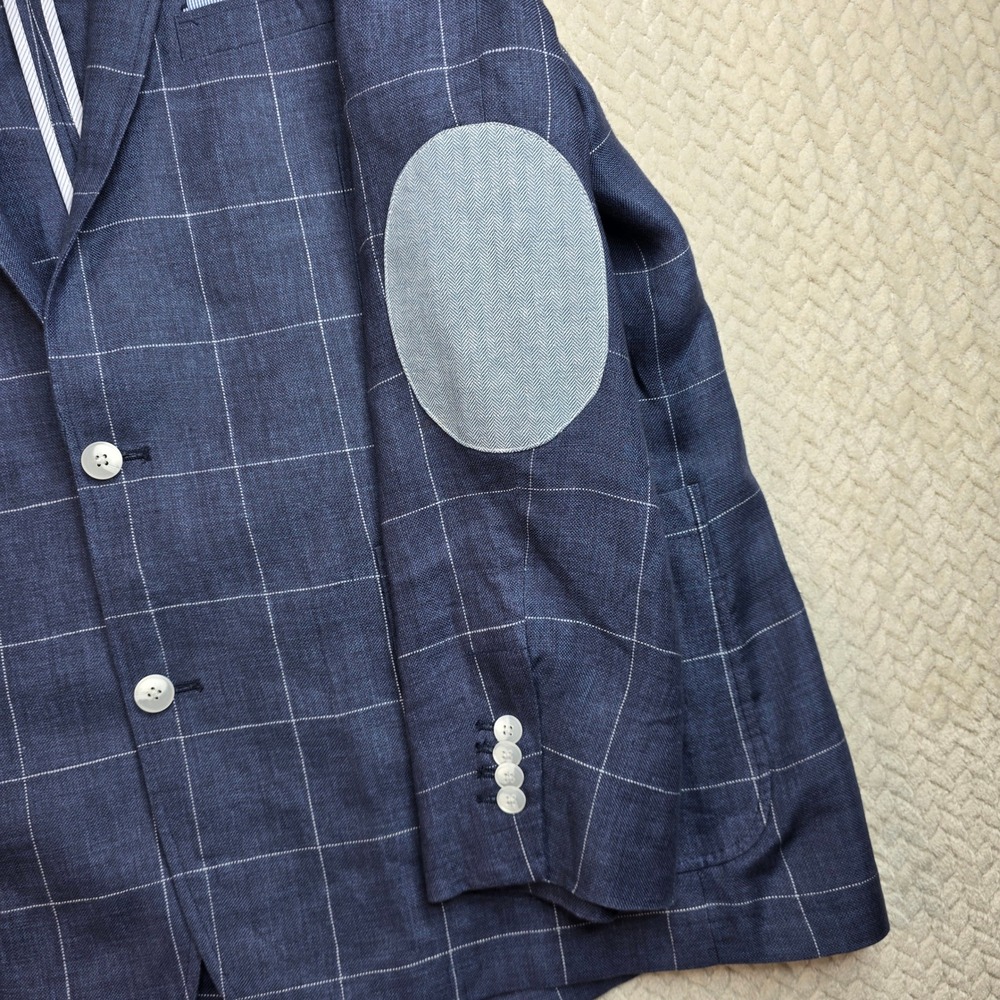 Cremieux Mens XXL Blue Windowpane 100% Linen Blazer Elbow Patches Sport Coat - Picture 6 of 13